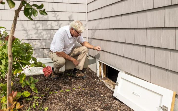 Crawl space under a raised wood floor