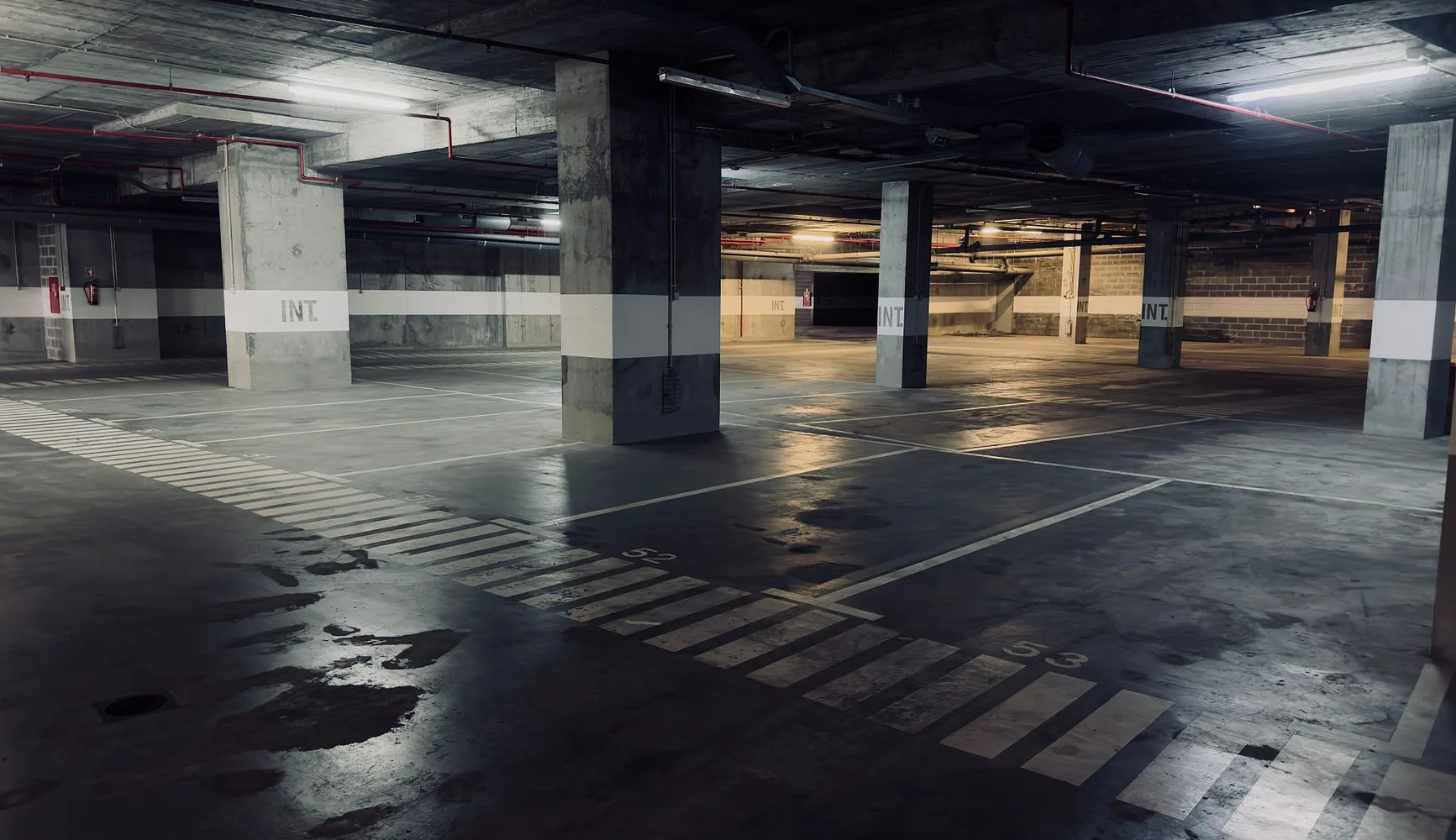 Wet floor in an underground parking garage